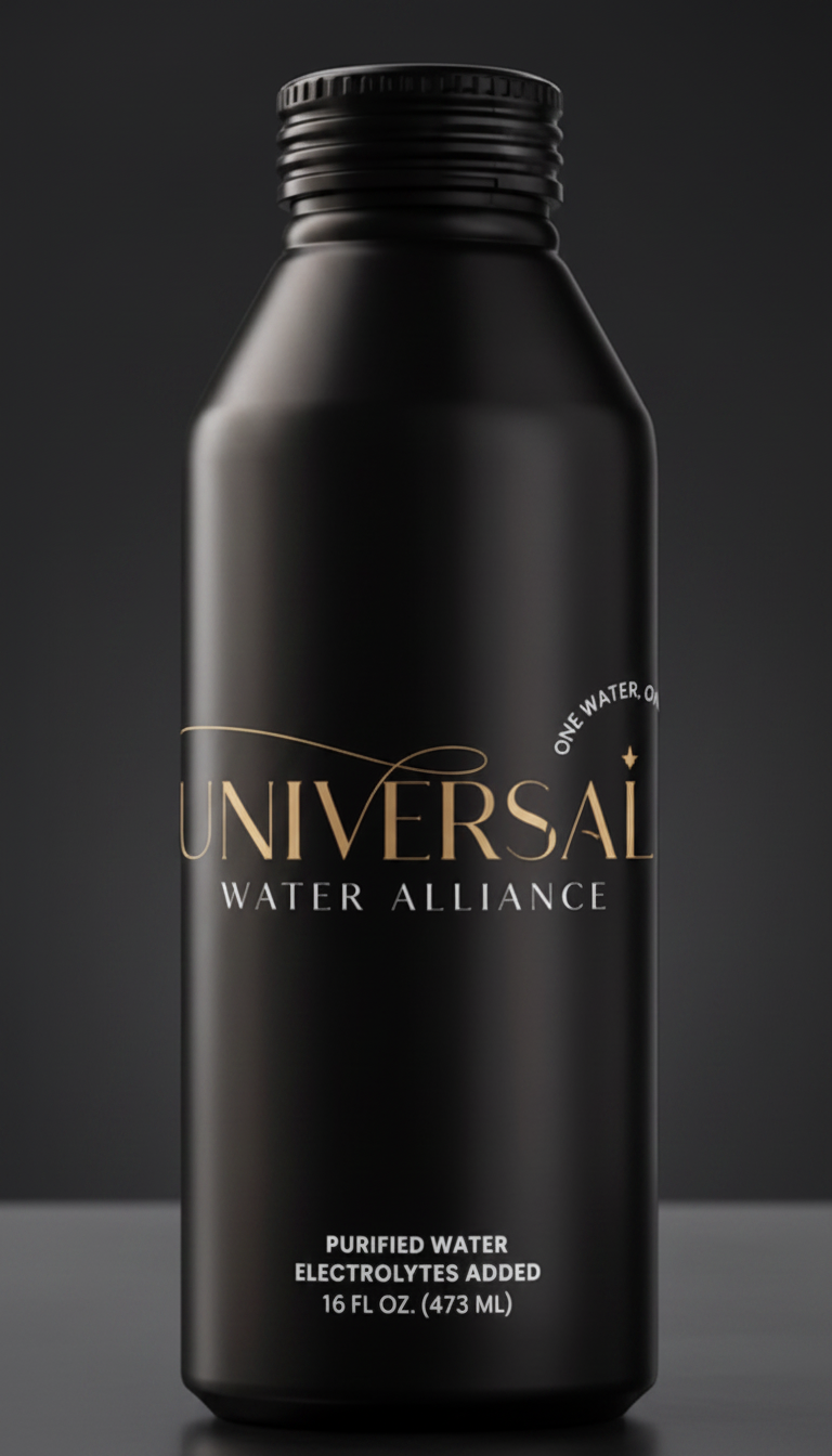 Universal Water Alliance — Alliance Edition. Matte black aluminum bottle with gold engraving.